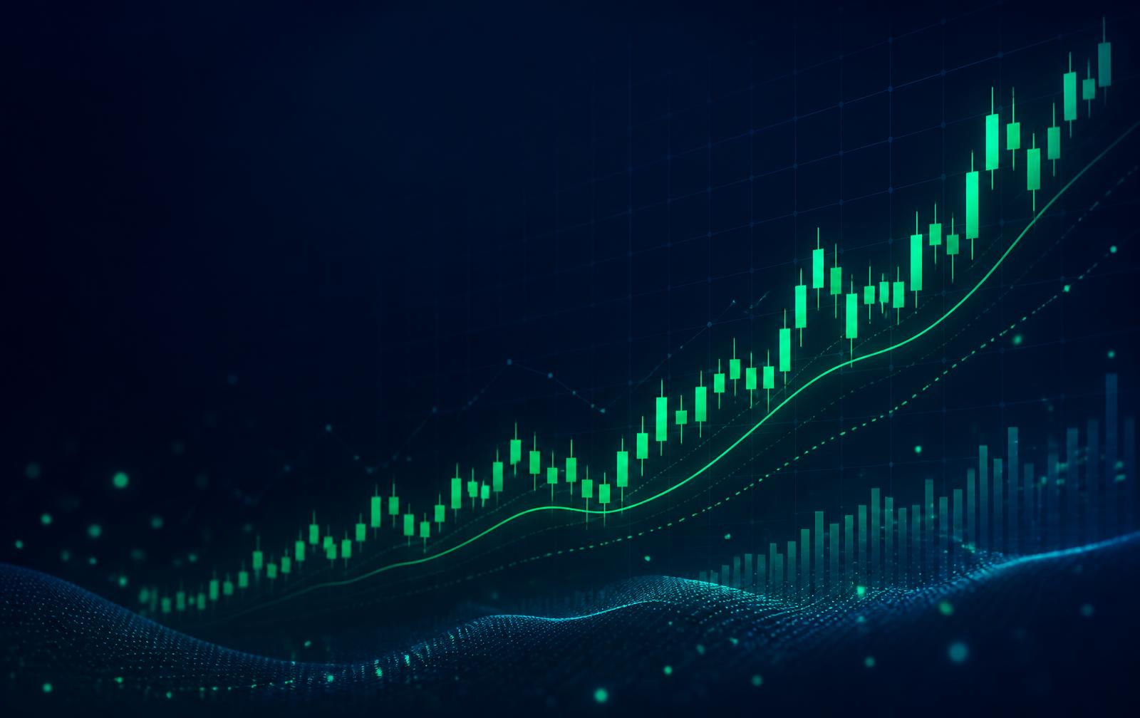 Rising green investment chart on a deep blue background